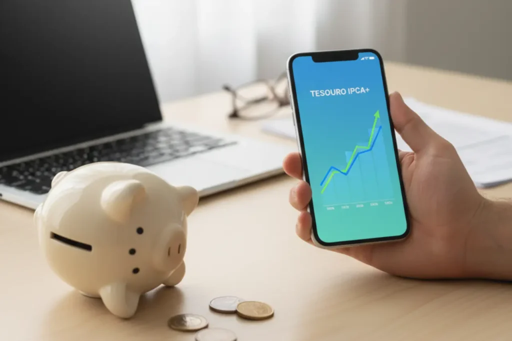 Mão no celular com gráfico Tesouro IPCA+ crescendo, cofrinho e moedas ao lado. Vencendo inflação 2025.