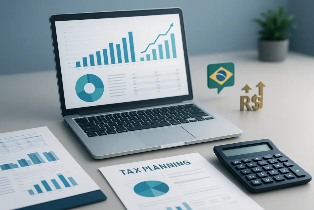 Mesa com notebook e gráficos de diferentes tipos de planejamento tributário no Brasil e uma calculadora ao lado.