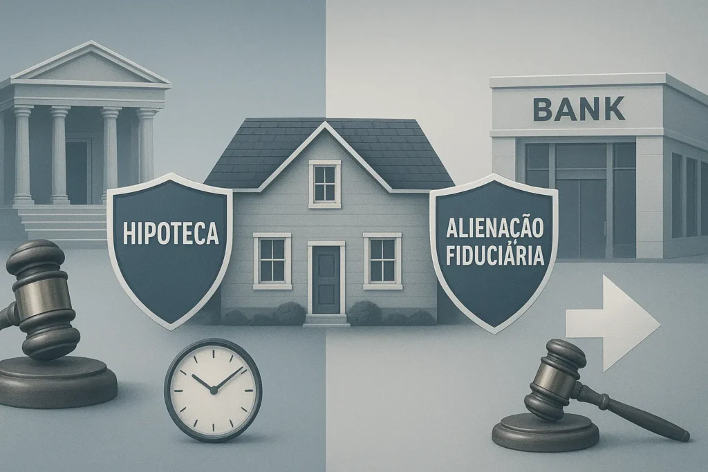 Ilustração comparando hipoteca e alienação fiduciária com casa central, símbolos jurídicos, banco e cenas que representam processos distintos.