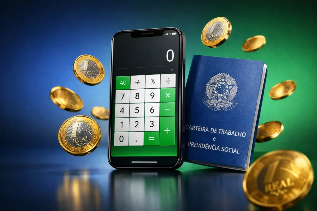 Cálculo para FGTS em smartphone com calculadora digital, moedas de real e carteira de trabalho em cena financeira profissional