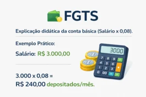 Cálculo para FGTS com exemplo prático mostrando salário de R$ 3.000 x 0,08 e depósito mensal de R$ 240.