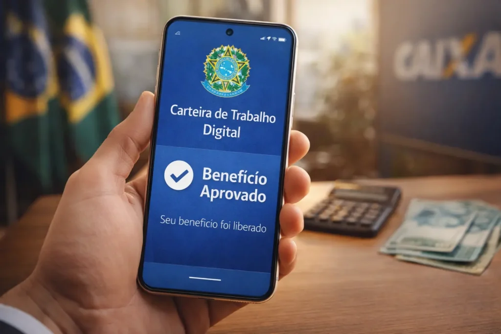 Mão segurando celular com app Carteira de Trabalho Digital exibindo benefício aprovado e calendário PIS 2026.