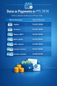 Tabela oficial de pagamentos do Abono Salarial PIS/Pasep 2026, organizada por mês de nascimento para facilitar a consulta das datas de liberação do benefício