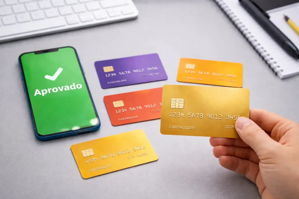 Cartão de crédito para score baixo com limite inicial, mostrando aprovação no celular e opções acessíveis para quem está reconstruindo o crédito.