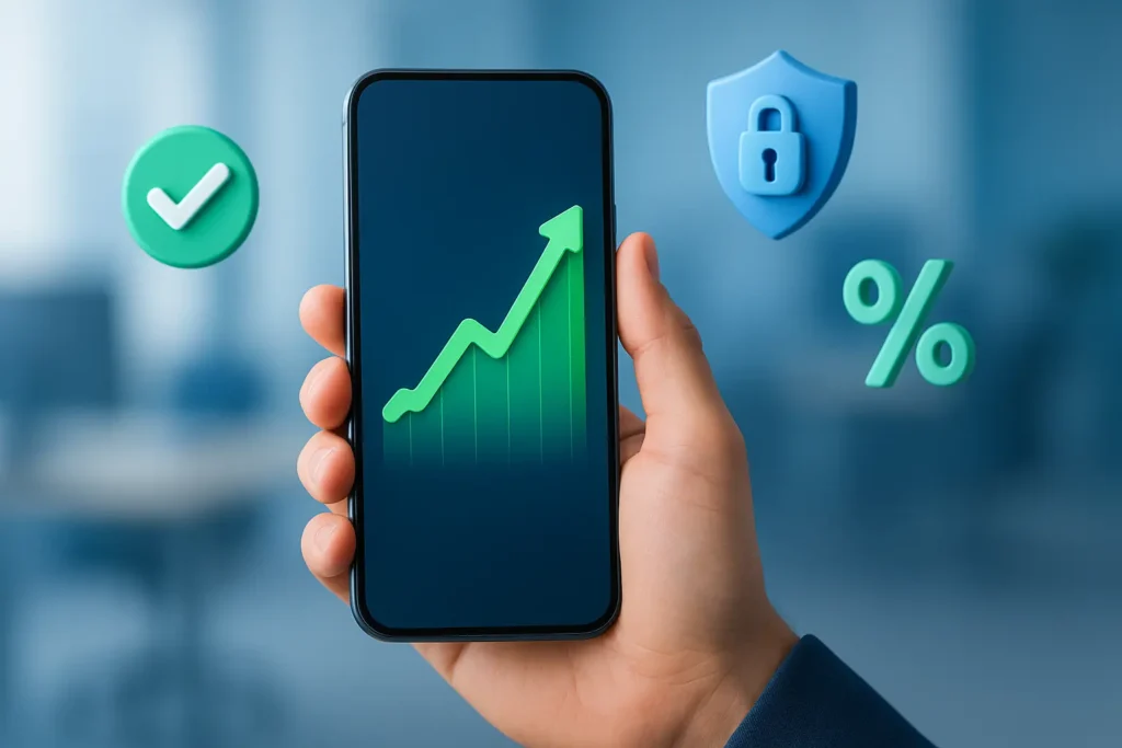 Ilustração de smartphone com gráfico financeiro em alta, representando estratégias seguras e eficazes de como aumentar o score.