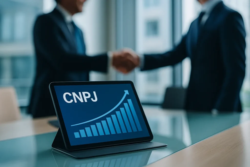 Imagem corporativa com tablet exibindo gráfico financeiro do CNPJ em alta, representando como aumentar o score do CNPJ e fechar novos negócios.