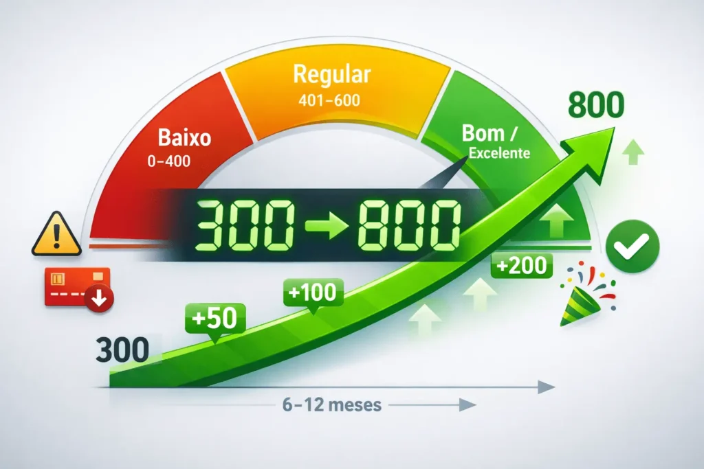 Gráfico mostrando aumento de score de crédito de 300 para 800 pontos com seta verde crescente e medidor de progresso