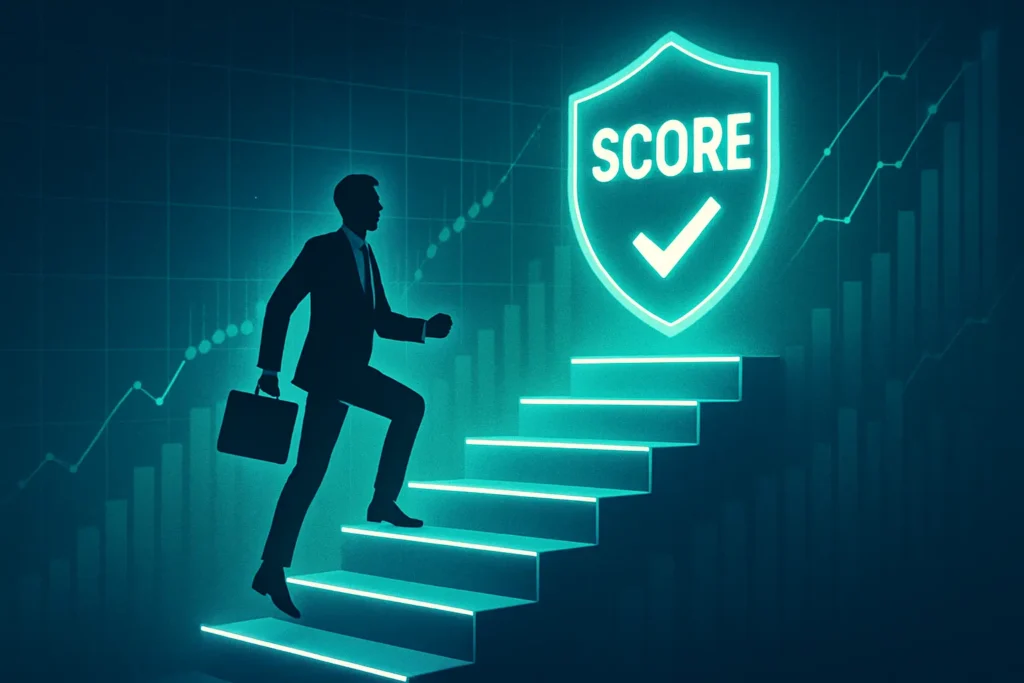 Escada iluminada com executivo subindo rumo a escudo SCORE, simbolizando como aumentar seu score de crédito com progresso financeiro.