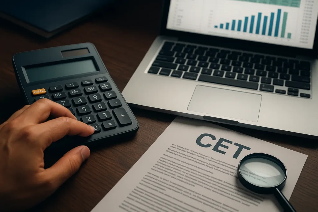 Mãos usando calculadora ao lado de contrato CET e gráficos, ilustrando como calcular o CET.