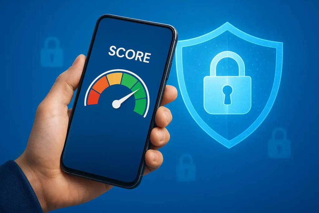 Ilustração de smartphone exibindo score de crédito alto em verde, representando tecnologia financeira e segurança ao consultar meu score grátis.