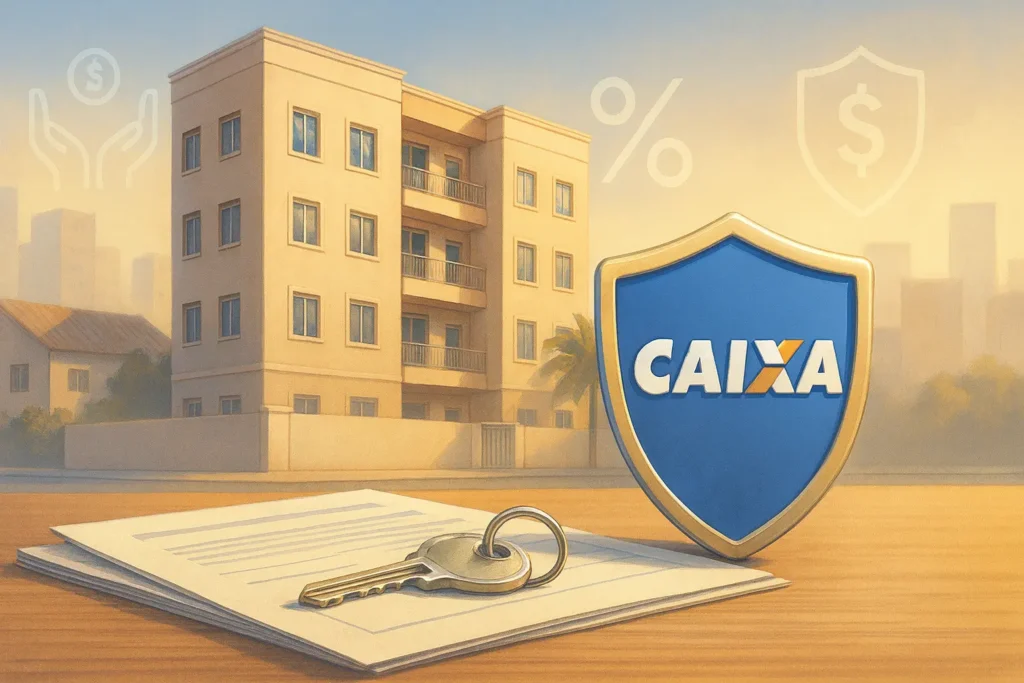 Como funciona a hipoteca de imóvel na Caixa: ilustração de imóvel residencial com documentos e chave de casa.