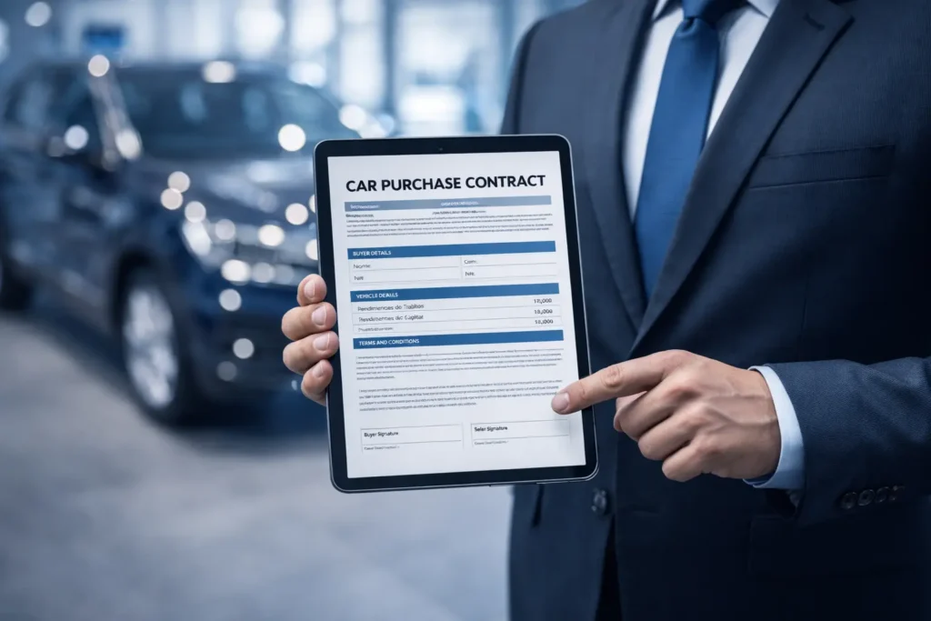 Compra de Veículo no CNPJ com empresário segurando tablet com contrato de compra em concessionária de carros de luxo