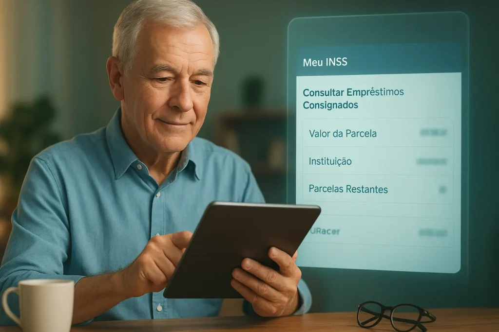 Idoso sorridente consultando extrato empréstimo consignado INSS pelo app Meu INSS em tablet, com tela de extrato visível e segura.