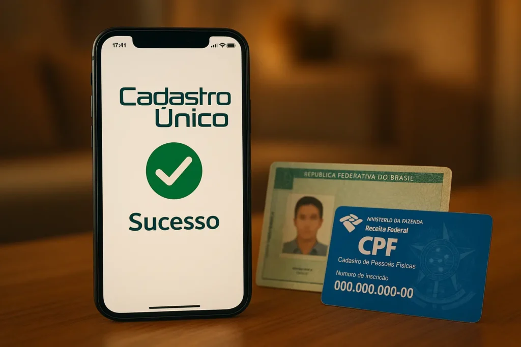 Celular acessando aplicativo Cadastro Único para consultar NIS com documentos CPF e RG ao lado.