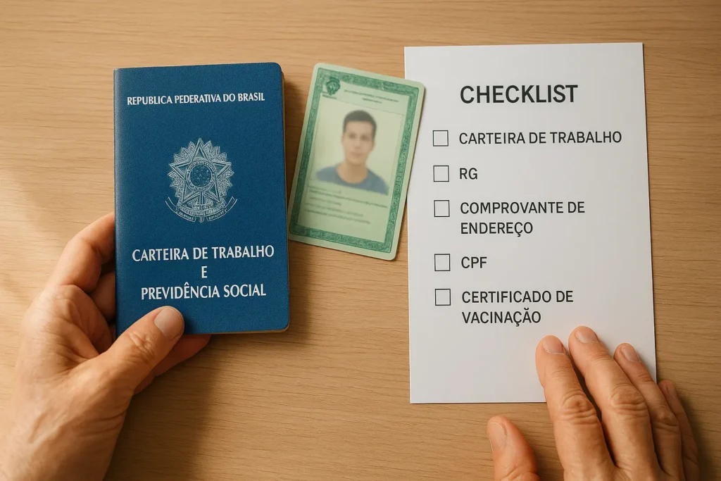 Mãos organizando documentos para o Bolsa Família 2025, incluindo RG e Carteira de Trabalho sobre a mesa.