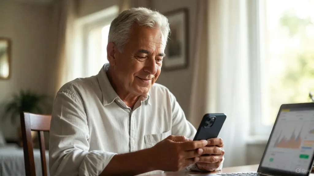 Aposentado sorrindo enquanto consulta o aplicativo Meu INSS no smartphone, analisando opções de Empréstimo Consignado INSS com segurança.