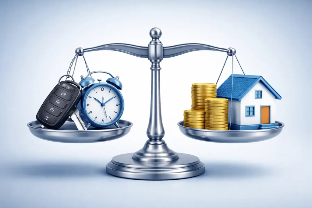 Financiamento ou Consórcio representados por balança financeira com chave de carro, relógio, moedas de ouro e casa