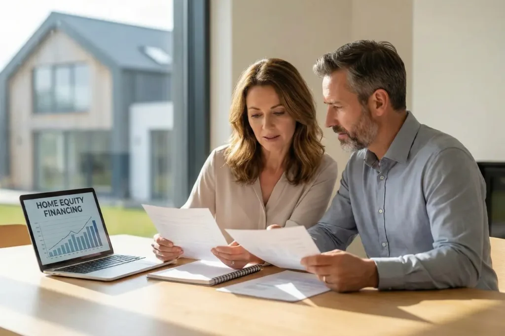 Casal analisando simulação de Home Equity no notebook com avaliação do imóvel e documentos sobre a mesa em ambiente iluminado.