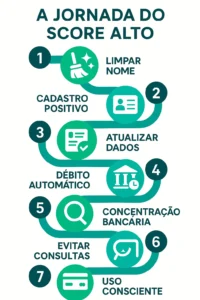 Infográfico A Jornada do Score Alto mostrando 7 passos essenciais para aumentar o score de crédito de forma estratégica.