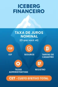 Infográfico comparativo: A Taxa Nominal é apenas a ponta do iceberg, enquanto o CET engloba todos os custos ocultos.