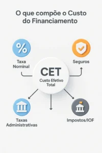 Infográfico mostrando componentes do CET no financiamento: taxa nominal, taxas administrativas, seguros e IOF.