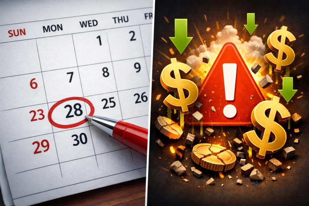 Alt text (até 120 caracteres): Calendário com data em vermelho e alerta financeiro simbolizando multas do eSocial 2026 por atraso no envio de obrigações.