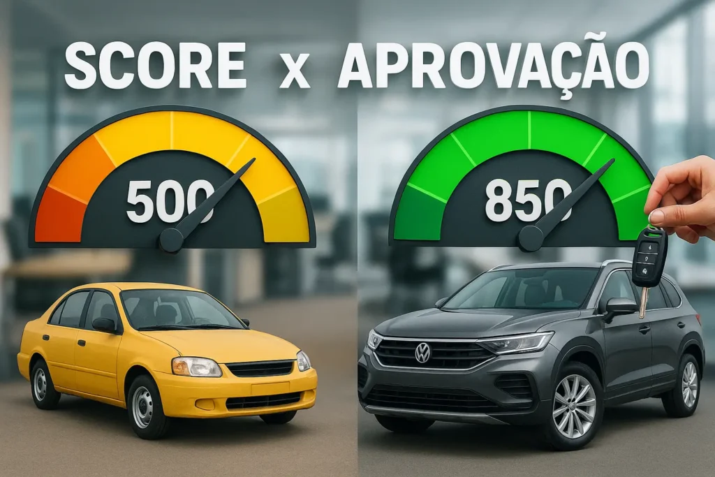 Comparação de score para financiar carro: velocímetros 500 e 850 com carros popular e SUV ilustrando impacto do score na aprovação.