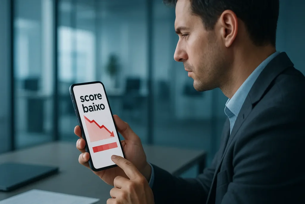Pessoa analisando score baixo no smartphone, com gráfico vermelho descendente, em escritório moderno, representando risco de crédito.