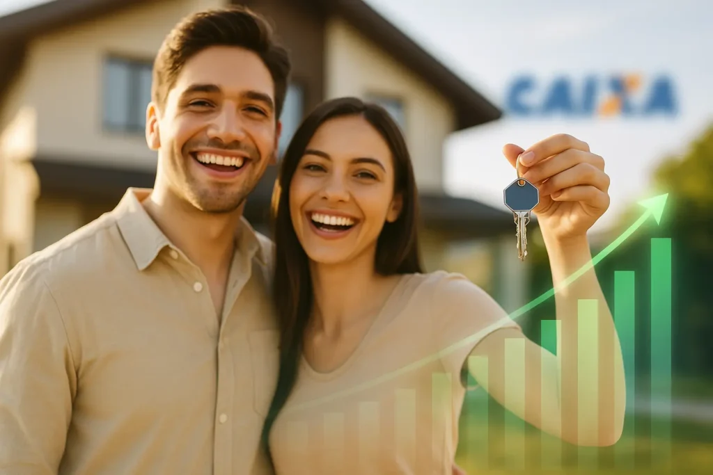 Casal jovem comemorando a casa própria com gráfico de score alto, ilustrando a tabela de score para financiamento Caixa e chances de aprovação.