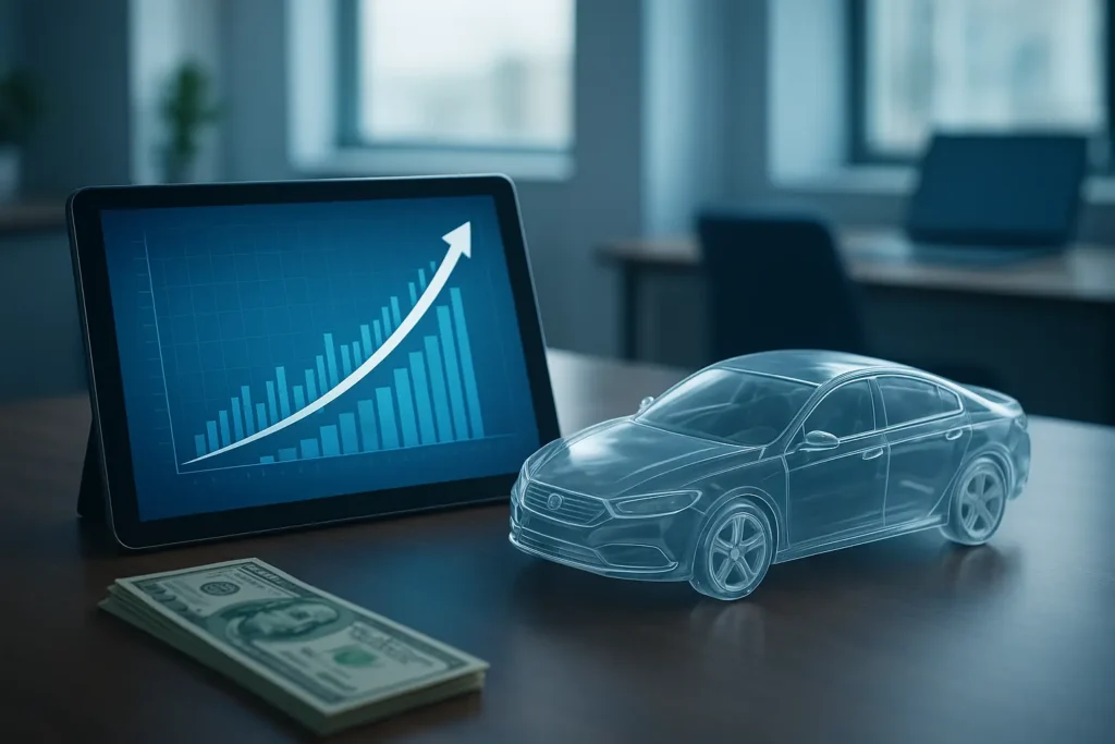 Gráfico de crescimento e carro conceitual em escritório moderno ilustrando taxa de juros financiamento de veículos banco central