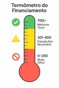 Infográfico Termômetro do Financiamento mostrando níveis de score com cores vermelho, amarelo e verde e condições de aprovação.
