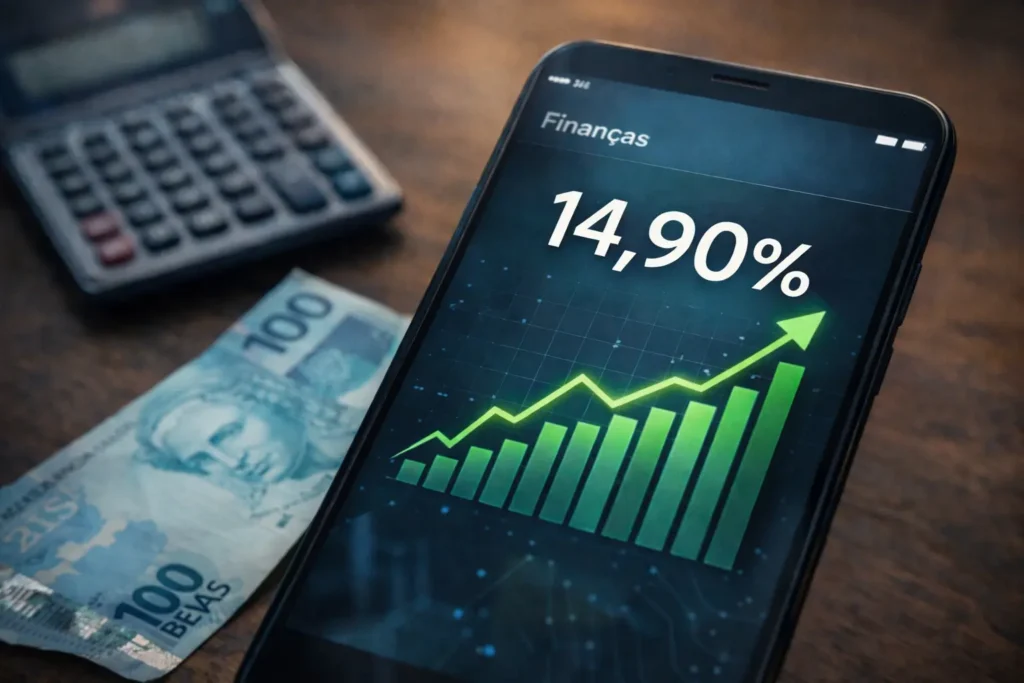 Gráfico mostrando rendimento de 100% do CDI hoje no celular com calculadora ao fundo.