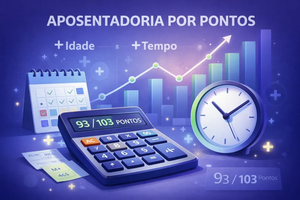 Calculadora e gráfico de pontos para aposentadoria INSS 2026, representando o cálculo de pontos de idade mais tempo de contribuição