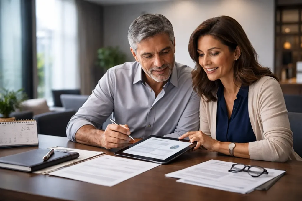 Casal analisando aposentadorias para quem nasceu entre 1972 e 1976, comparando regras de pontos, pedágio e tempo de contribuição