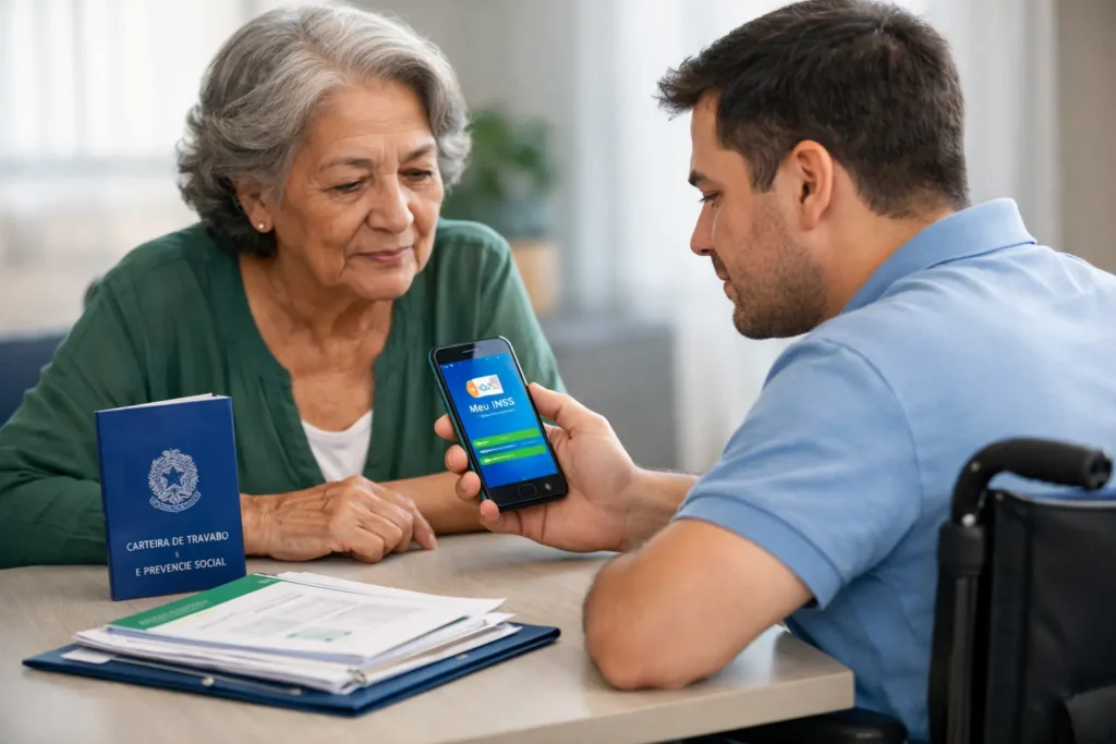 Imagem ilustrando BPC/LOAS INSS 2026, com idoso consultando benefício pelo app Meu INSS em ambiente institucional.