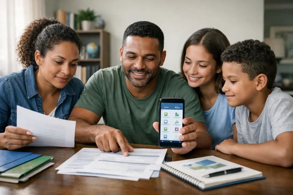 Família brasileira analisando documentos e consultando o Cadastro Único pelo celular em ambiente doméstico, representando benefícios sociais.