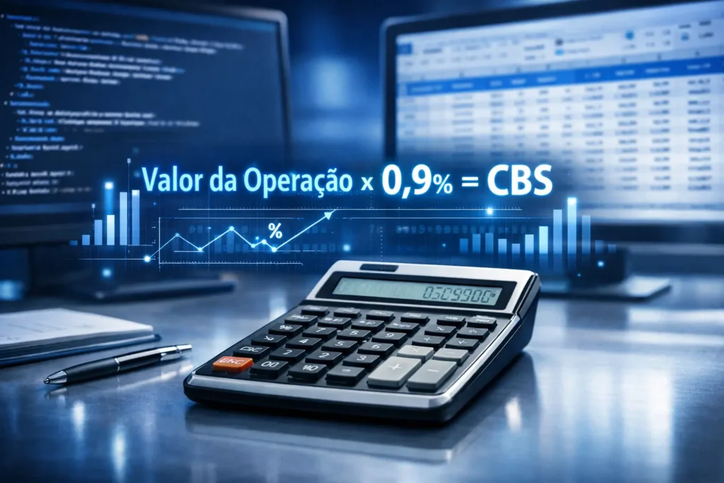 Ilustração de calculadora financeira exibindo a fórmula de cálculo CBS na nota fiscal com código XML ao fundo, representando a automação fiscal em 2026.