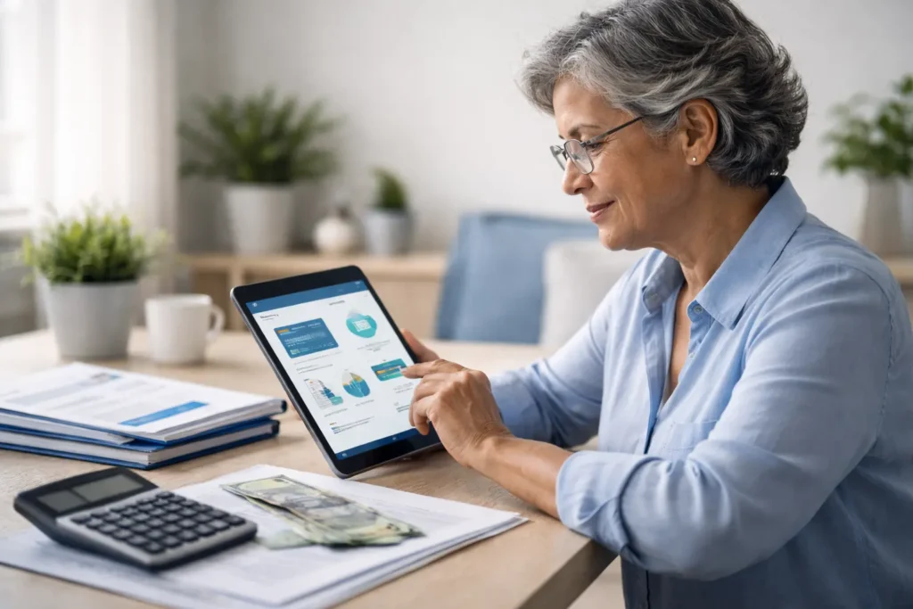 Aposentado brasileiro analisando se o cartão consignado vale a pena, com calculadora, documentos e planejamento financeiro sobre a mesa.