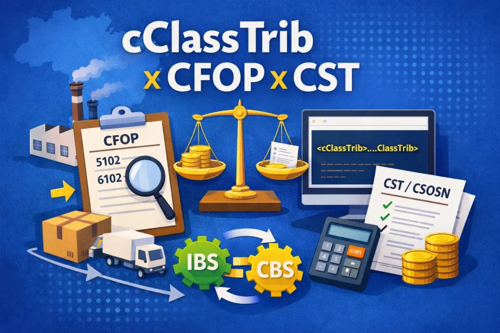 Ilustração comparativa entre cClassTrib, CFOP e CST na NF-e, com exemplos de códigos, ICMS, IBS e CBS na tributação 2026