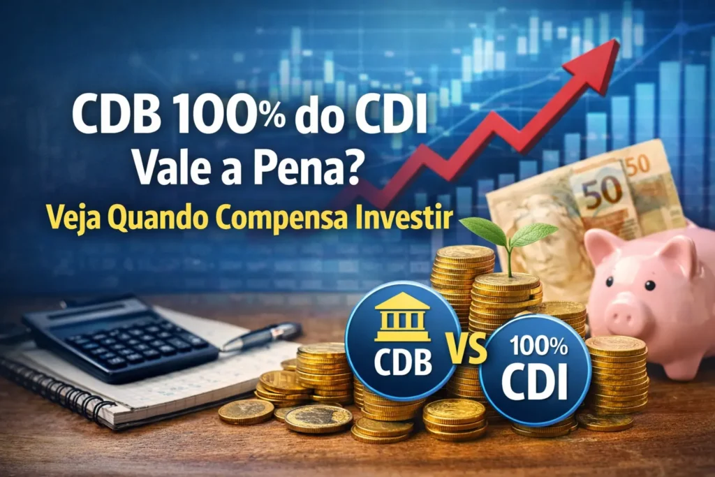 Imagem comparando CDB 100% do CDI, com moedas, cofre, gráfico de alta e destaque para quando vale a pena investir.