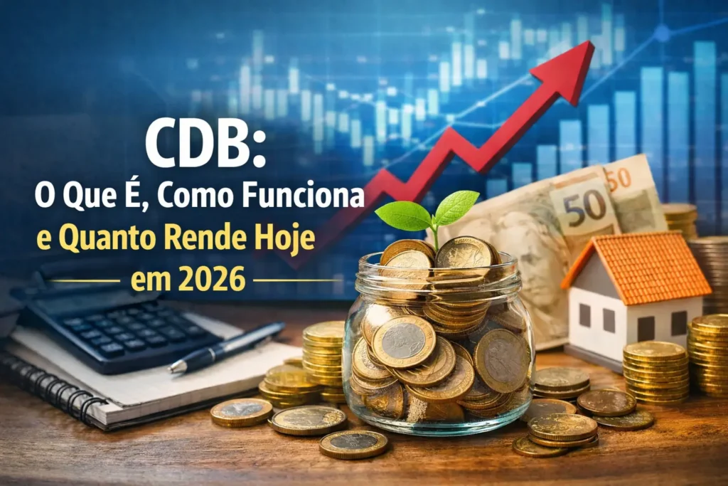 Imagem ilustrando CDB, com moedas, notas de real, gráfico de alta e referência a quanto rende o CDB hoje em 2026.