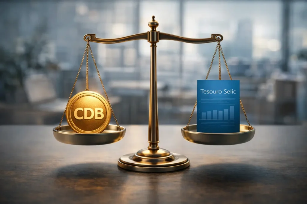 Comparativo visual entre CDB e Tesouro Selic em uma balança financeira.