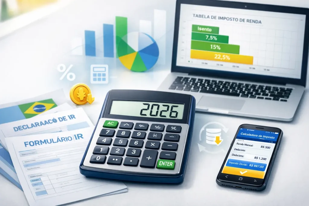 Calculadora e documentos mostrando como calcular imposto de renda 2026 com sistema duplo de tabelas progressivas