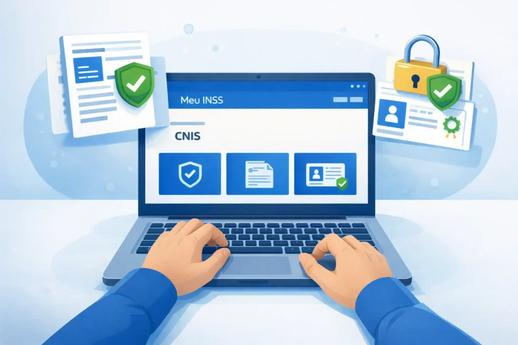 Pessoa consultando CNIS online pelo Meu INSS no computador, representando acesso digital ao Cadastro Nacional de Informações Sociais