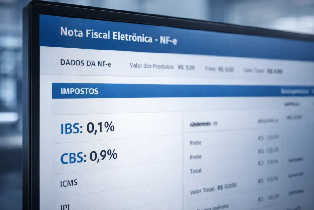 Tela de computador mostrando o preenchimento dos campos de IBS e CBS em um sistema de emissão de nota fiscal eletrônica moderna.