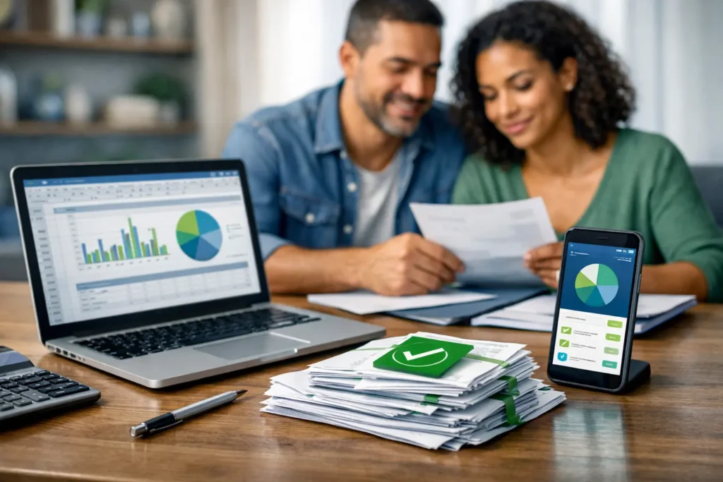 Imagem representando como sair das dívidas usando o orçamento familiar, com planilha financeira e controle de gastos organizados
