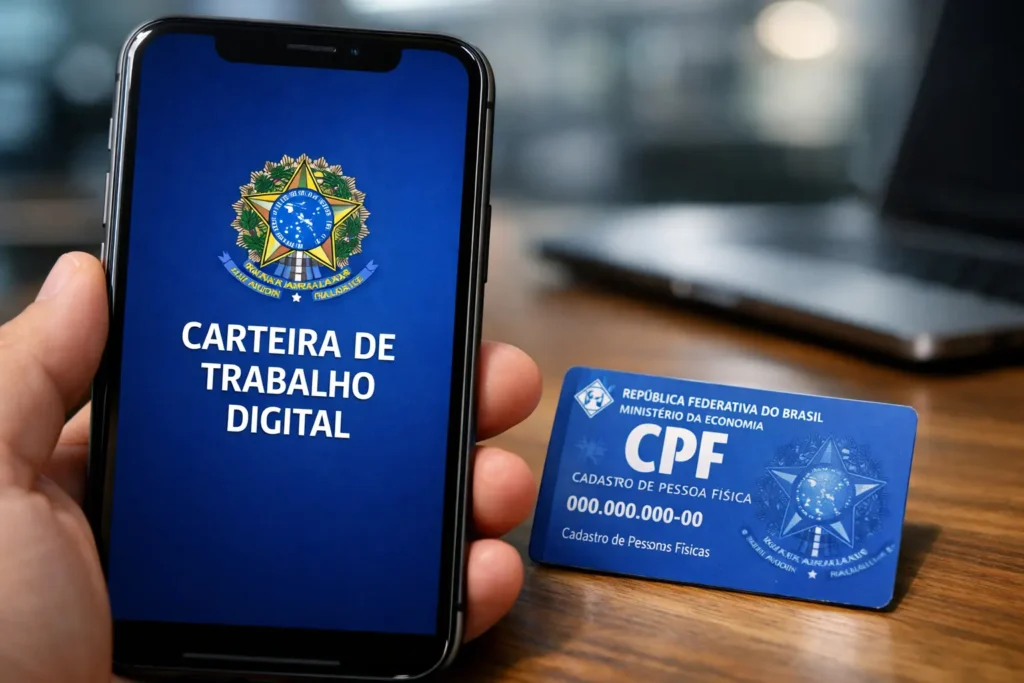 Celular com aplicativo Carteira de Trabalho Digital aberto ao lado de um cartão de CPF, ilustrando como consultar o PIS 2026 pelo celular.