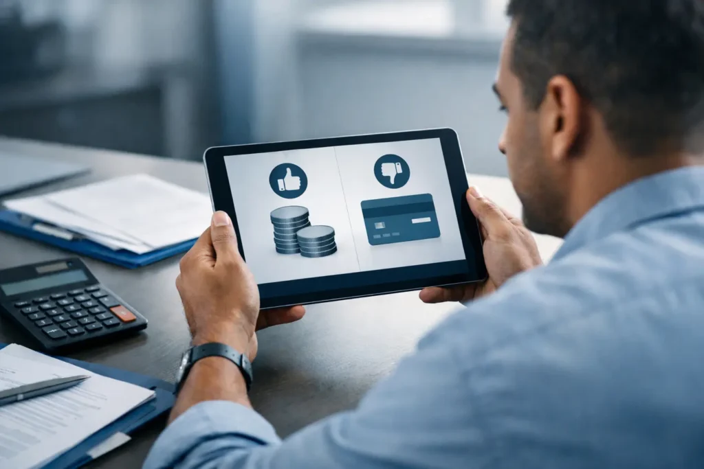 Pessoa comparando crédito pessoal e empréstimo consignado em mesa financeira, com calculadora, documentos e notas de real.