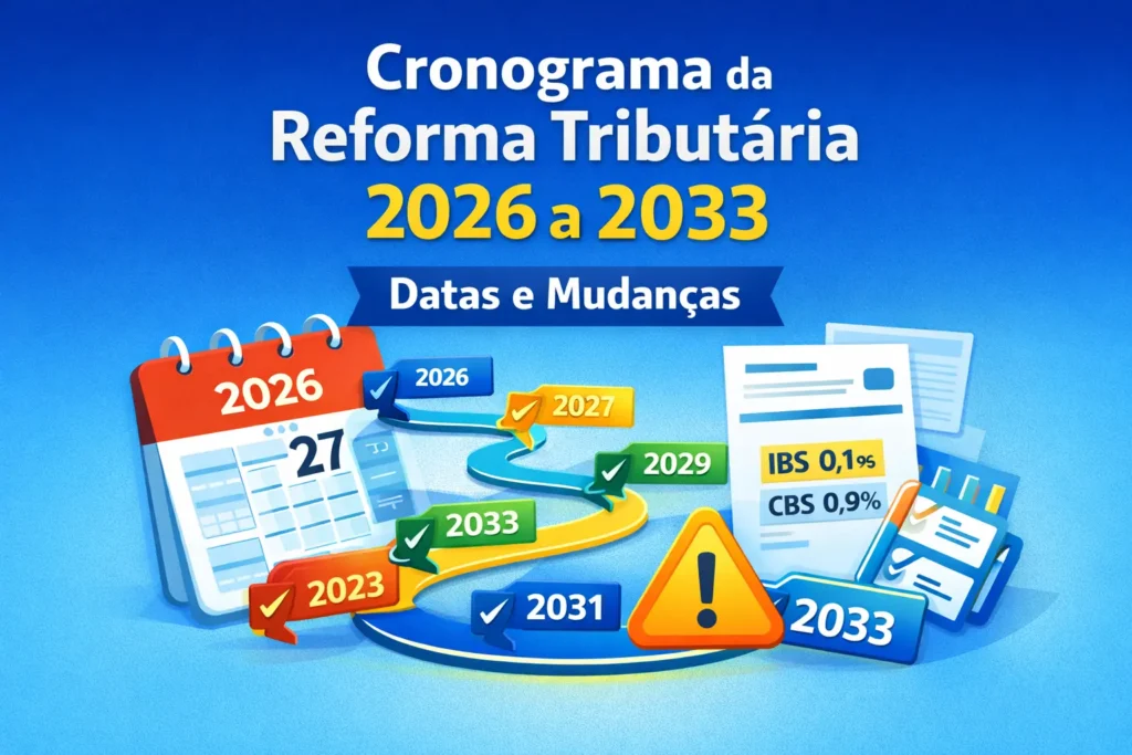 Infográfico do cronograma da Reforma Tributária 2026 a 2033, com datas, fases da transição e mudanças nos impostos IBS e CBS