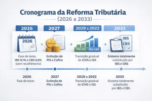 Infográfico do cronograma da Reforma Tributária 2026 a 2033 com fases do IBS, CBS, fim de PIS/Cofins e transição ICMS/ISS